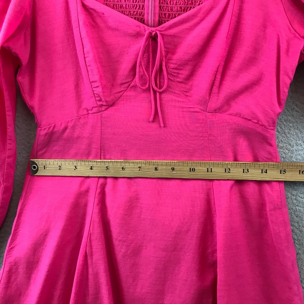 J. Crew Hot Pink Square Neck Smocked Bodice Tie Front Puff Sleeve Mini‎ Dress 6 - Picture 6 of 10